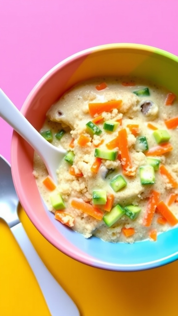 A bowl of creamy quinoa with grated carrots and zucchini for babies, set in a cheerful environment.
